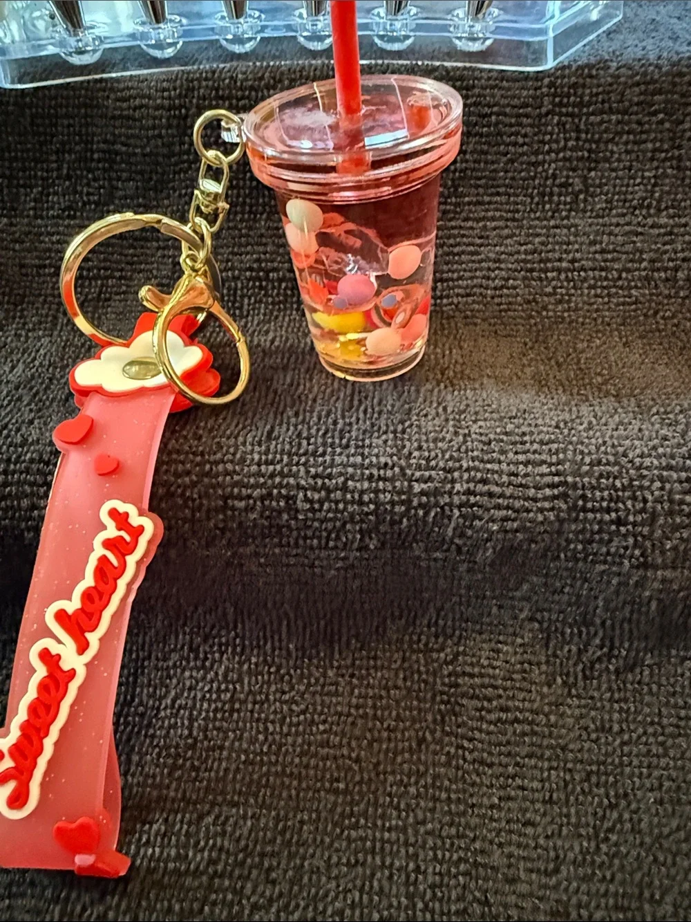 Red 'Sweet Hearts' Cup Keychain with Flower Strap